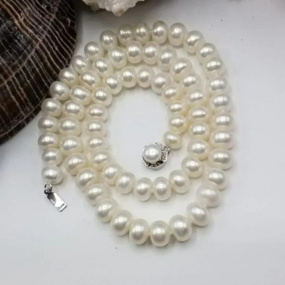 925 Sterling‎ Silver White Freshwater Pearl Necklace With Flower Shaped Clasp